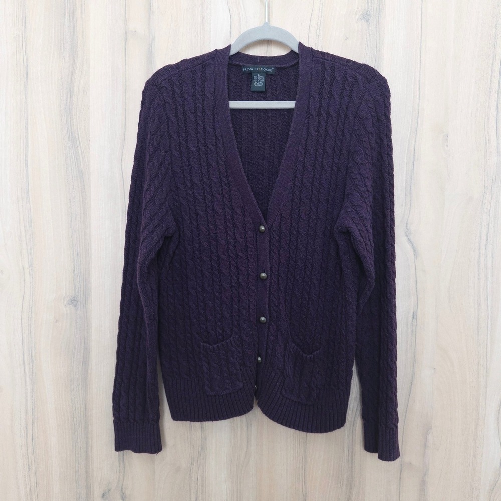 VTG Preswick & Moore Womens Cable Knit Cardigan Size L Purple‎ Classic Preppy